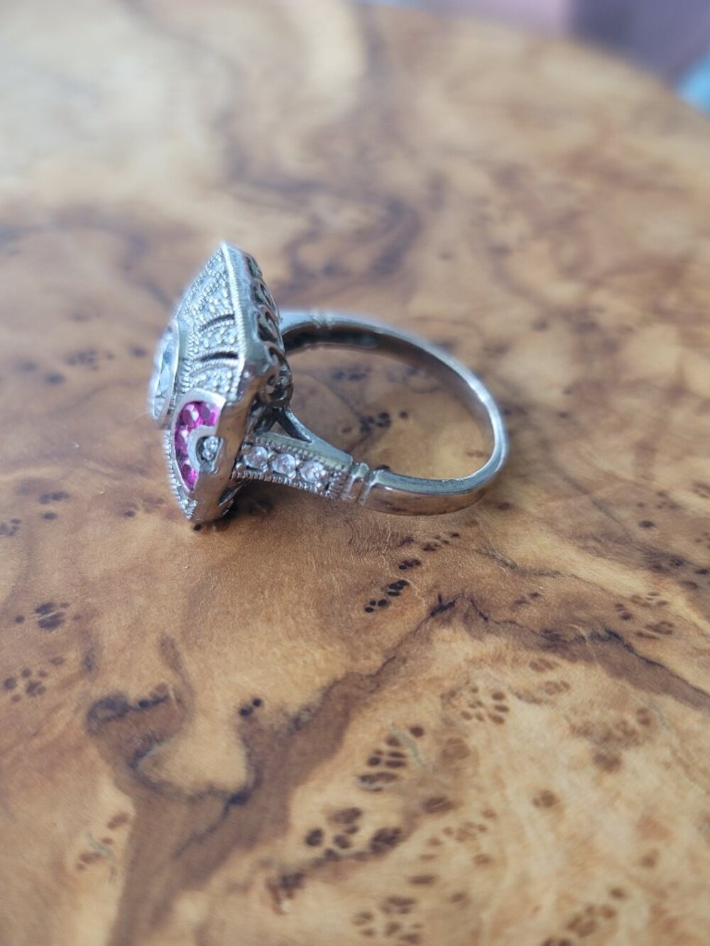 Synthetic Diamond, Ruby & Sterling Art Deco Style Ring by Joseph Esposito - Picture 3 of 6